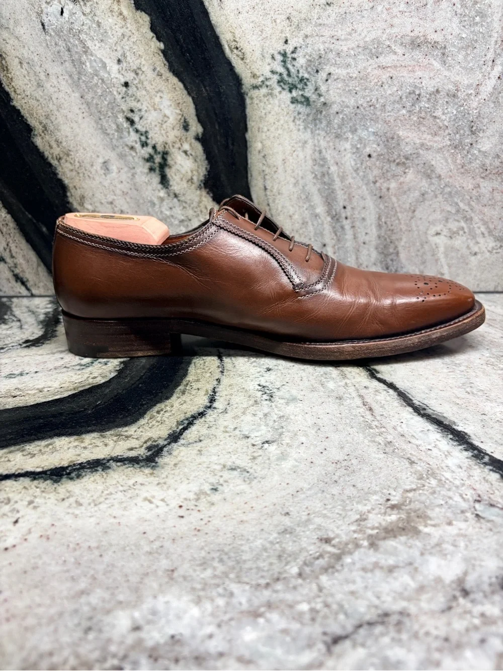 A.Testoni Black Label 8.5 M Brown Leather Medallion Oxford Shoes Italy